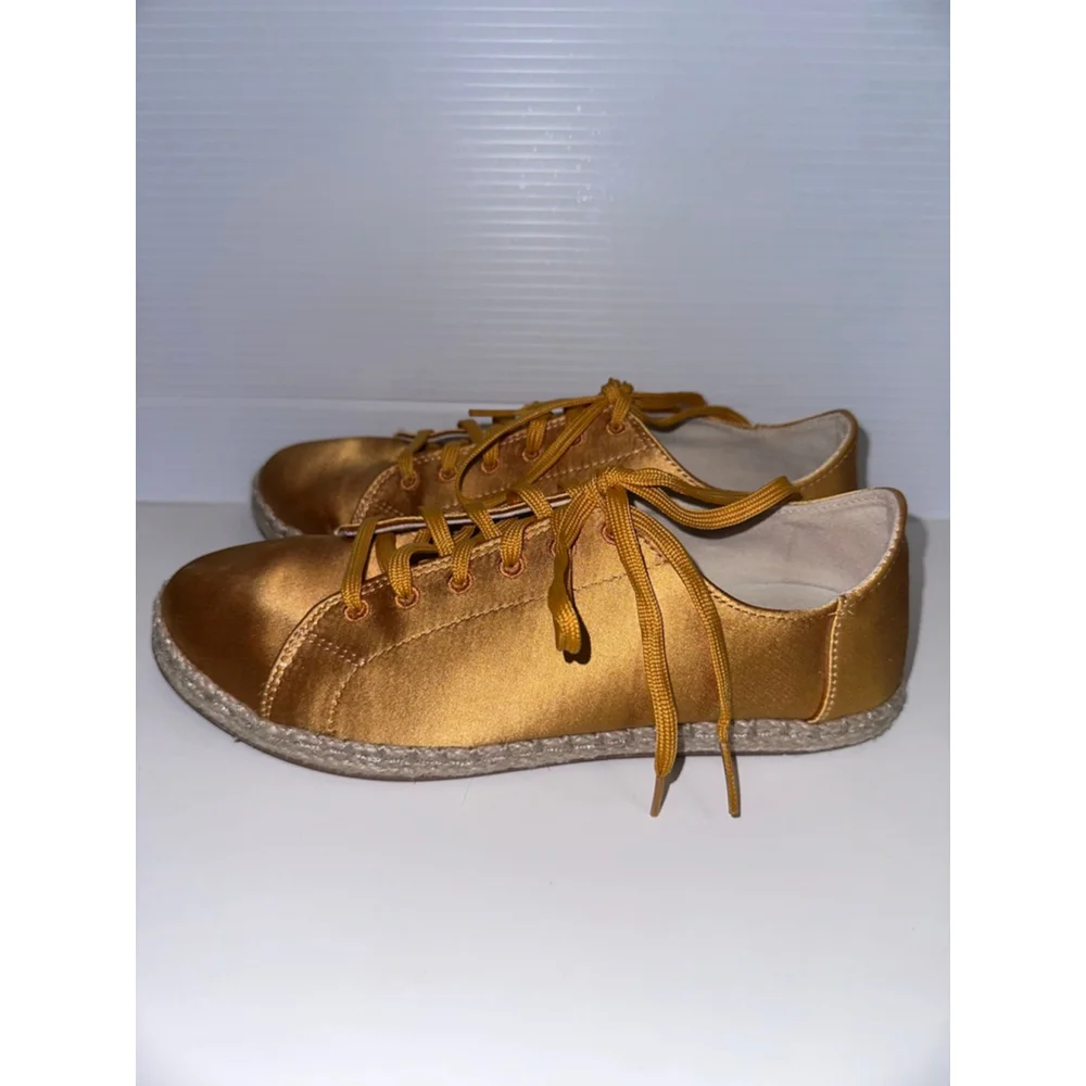 Women's TOMS Gold Satin Espadrille Sneakers US 7 with Beige Jute Sole - Picture 15 of 16